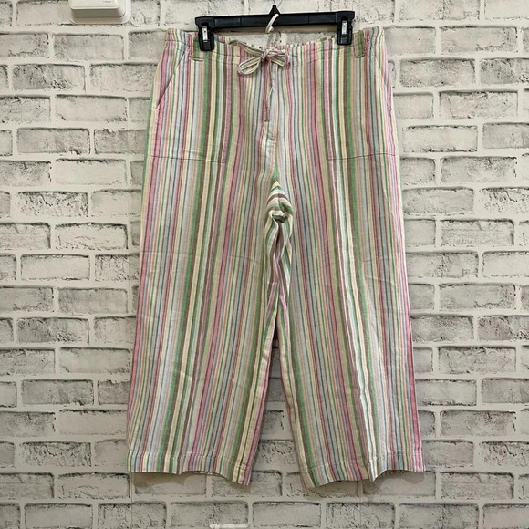 Women’s Talbots Petites striped multi-color 100% linen cropped wide leg, Size 12 - Picture 1 of 4